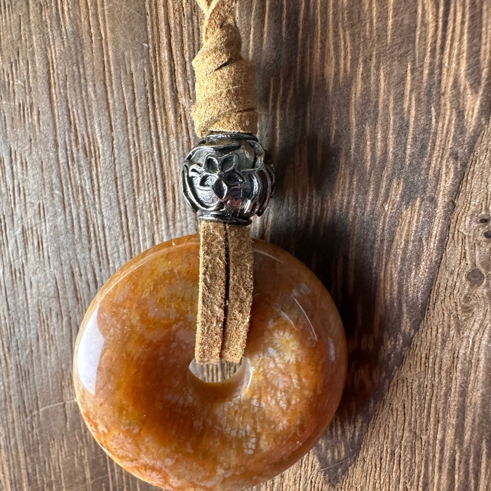 Yellow Golden Coral Fossil Donut Pendant Choker on Brown Faux Suede - Picture 8 of 11
